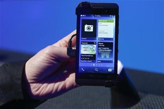 A new Blackberry 10 device is seen after its launch in New York.