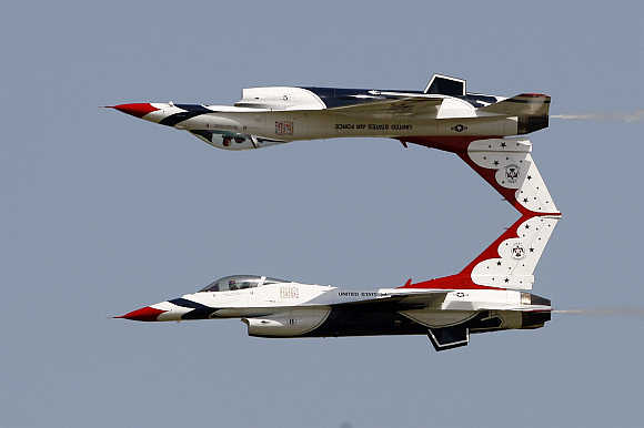 F-16 fighters of the Thunderbirds, the US Air Force Air Demonstration Squadron, perform at Kogalniceanu airport, 250km east of Bucharest in Romania.