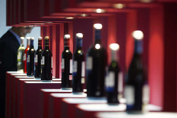 Bottles of wine are displayed at the Alimentaria trade show in Barcelona.