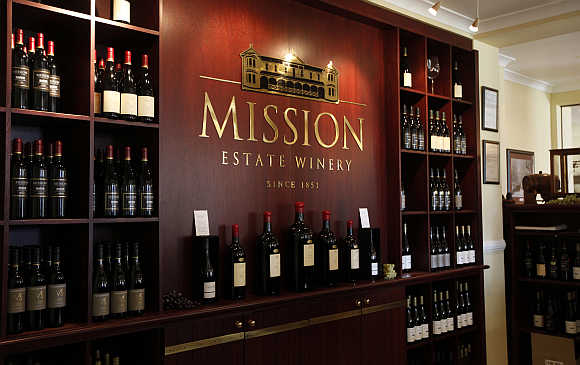 Bottles of wine are displayed at the Mission Estate Winery in Napier, New Zealand.