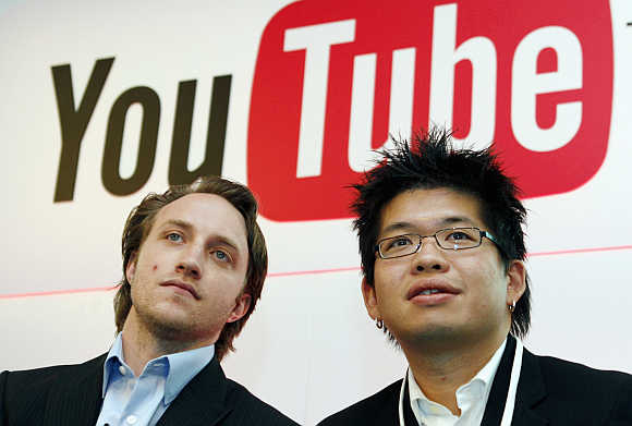 Chad Hurley, left, and Steve Chen, right, co-founders of YouTube in Paris, France.