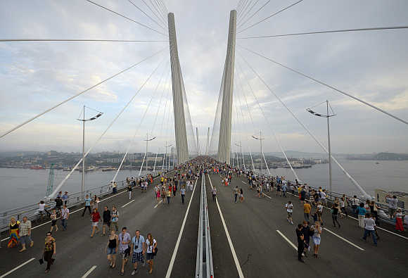 A view of a bridge across the Golden Horn bay in Vladivostok, Russia.