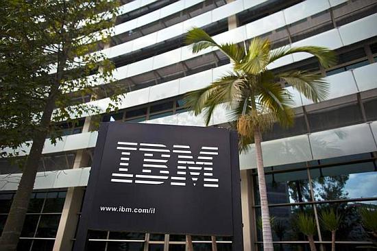 The IBM logo is seen outside the company's offices in Petah Tikva, near Tel Aviv.