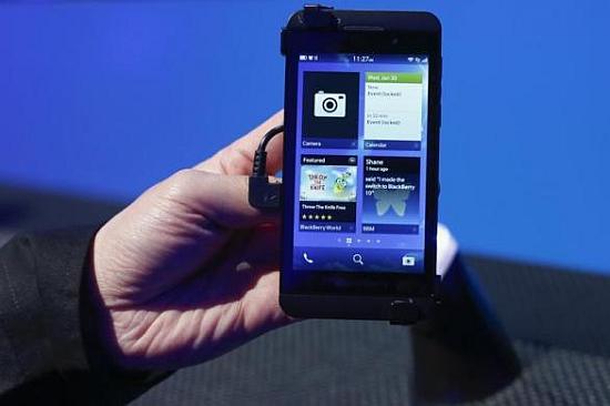 The touch-screen BlackBerry Z10 phone.