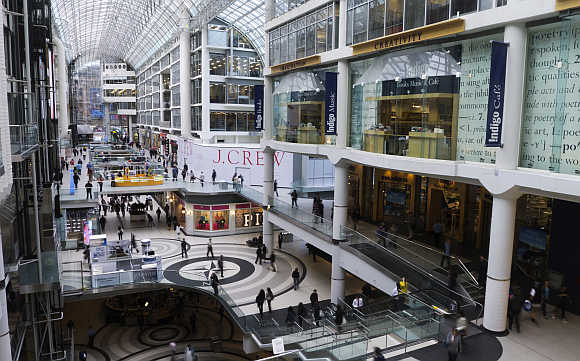 A view of Toronto Eaton Centre, a shopping mall.