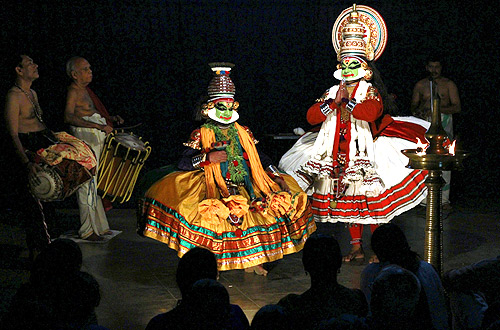 Kathakali dancers perform during the annual temple festival at Tripunithura, Kerala.