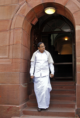 Palaniappan Chidambaram comes out of the parliament after attending the first day of the budget session.