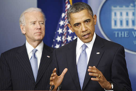 President Barack Obama with Vice-President Joe Biden at the White House in Washington, DC.