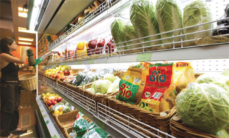 A supermarket in Moscow. Label of GM-free food is seen in the foreground.
