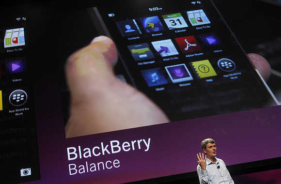 Research In Motion CEO Thorsten Heins discusses features of the Blackberry 10 in San Jose, California.