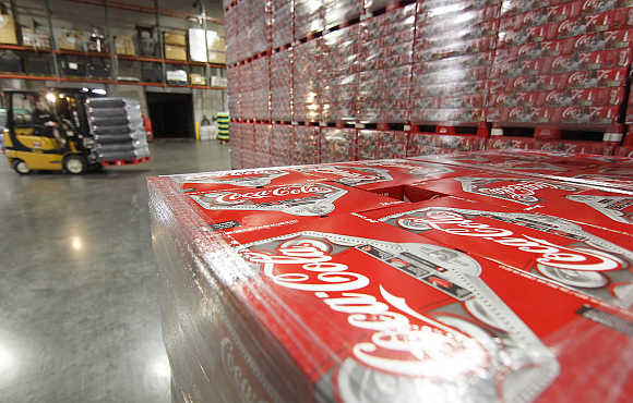 Cases of Coca-Cola in a warehouse at the Swire Coca-Cola facility in Draper, Utah, United States.