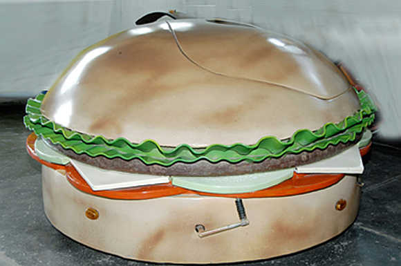 A burger-shaped car.