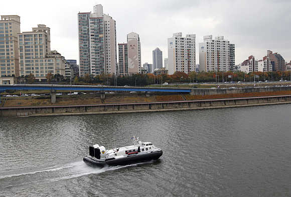 A South Korea coast guard hovercraft patrols on Han River in Seoul.