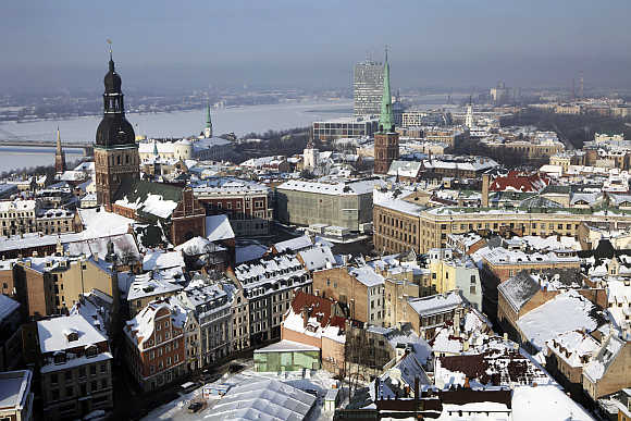 View of Riga's Old City in snow.