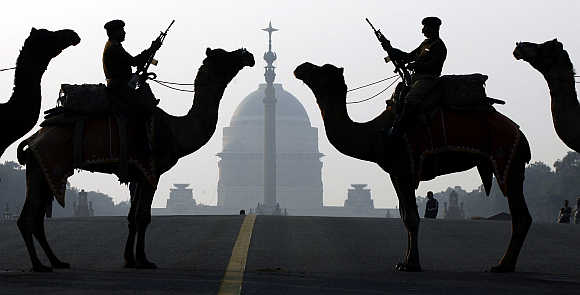 Border Security Force soldiers on camels in New Delhi.