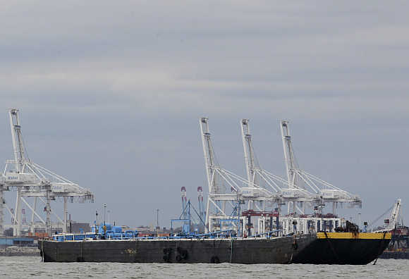 Oil tanker anchored in New York Harbor.