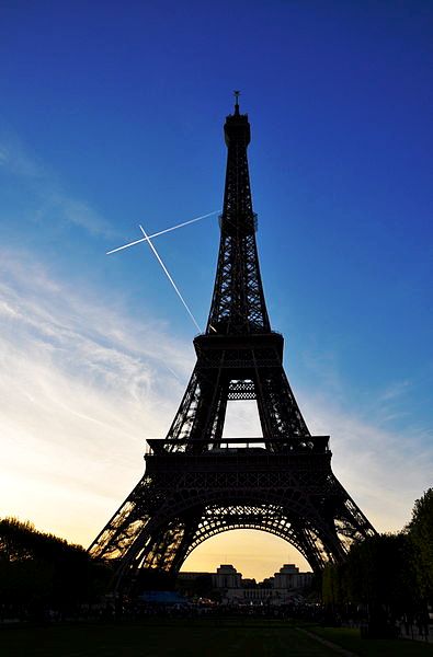Eiffel Tower at dusk.