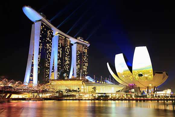A view of Marina Bay Sands hotel and ArtScience Museum in Singapore.
