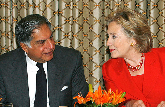 Then US Secretary of State Hillary Clinton, right, and then chairman of the Tata group Ratan Tata at the Taj hotel in Mumbai.