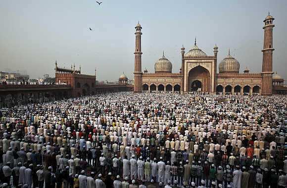 Muslims offer prayers at the Jama Masjid in Delhi.