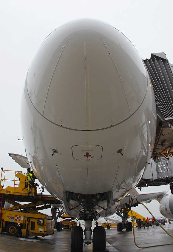 A front view of a Boeing 787 Dreamliner aircraft at the Vienna airport, Austria.
