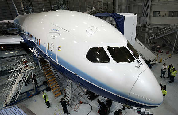 Boeing company's first 787 Dreamliner is readied for its first test flight, scheduled for June, at the Boeing company's Everett, Washington plant.