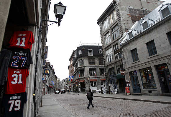 Montreal Canadiens' hockey team jerseys hang outside a shop in Vieux-Port in Montreal.