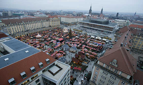 A view of Striezelmarkt Christmas market in Dresden.