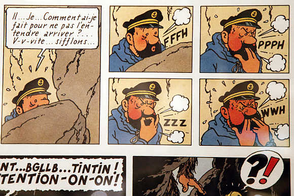 An original drawing by Belgium illustrator Herge from the Tintin comics is displayed in Paris.