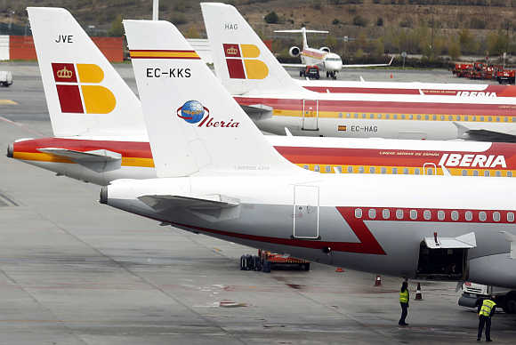 Iberian planes parked at Madrid's Barajas airport, Spain.