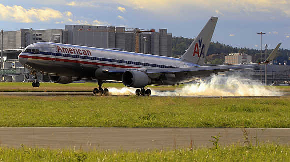 An American Airlines lands at the airport in Zurich, Switzerland.