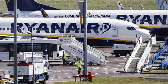 Ryanair aircraft at Edinburgh Airport in Scotland.