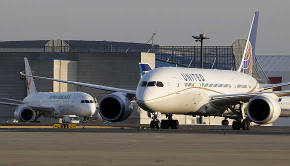 United Airlines's 787 Dreamliner plane taxis at New Tokyo international airport in Narita.