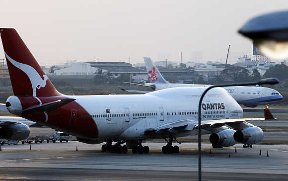 A Qantas Airways Boeing 747 at Bangkok's Suvarnabhumi airport.