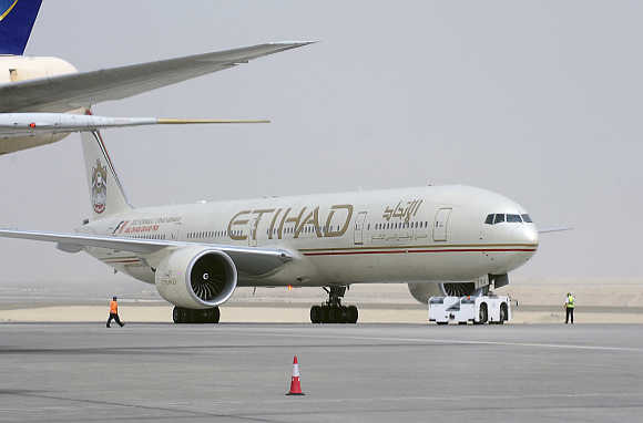 An Etihad Airways aircraft at Abu Dhabi International Airport.