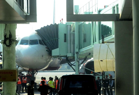 An aircraft gets ready for boarding at the new Kolkata airport.