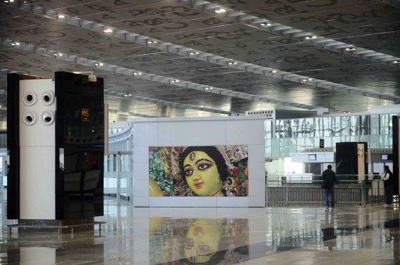 An image of Goddess Durga embellishes the wall of the new Kolkata airport.