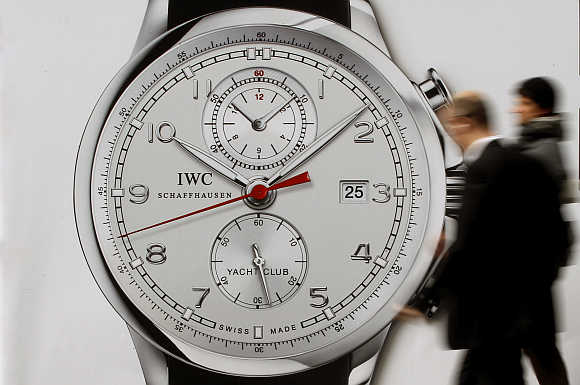 A poster of Swiss watch manufacturer IWC International Watch at the Bahnhofstrasse in Zurich.