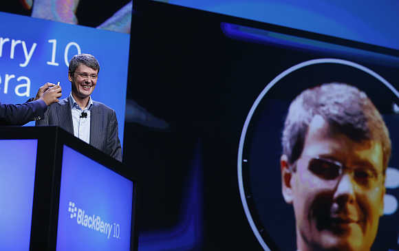 Research in Motion President and CEO Thorsten Heins has his image taken during the launch of the BlackBerry 10 in New York.