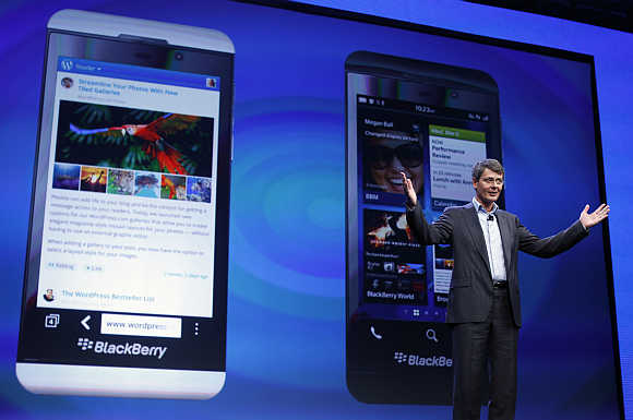 Research in Motion President and CEO Thorsten Heins introduces the BlackBerry 10 device in New York.