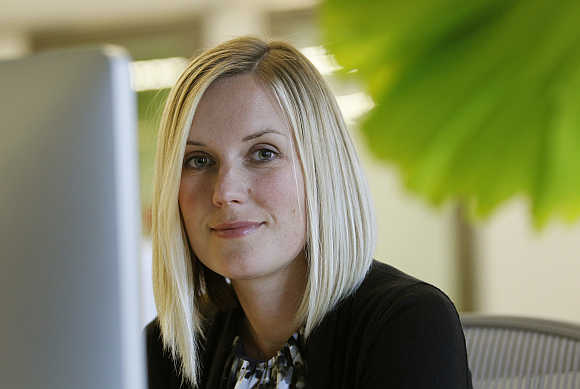 Facebook design chief Kate Aronowitz at her desk at the company's headquarters in Menlo Park, California.