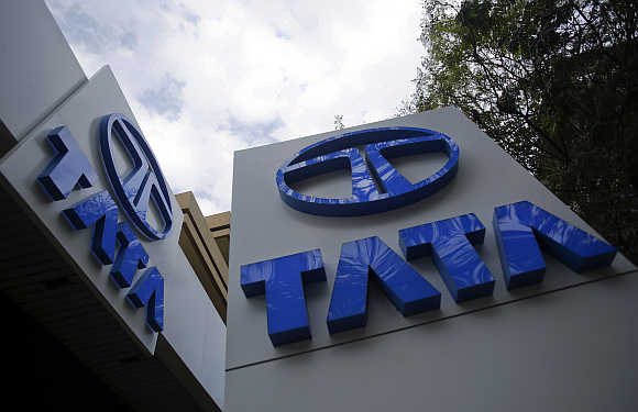 Tata Motors logos at their flagship showroom in Mumbai.