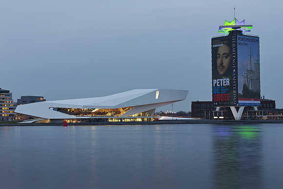 Nightview of the modern Eye Film museum, located at the IJ river, in Amsterdam, the Netherlands.
