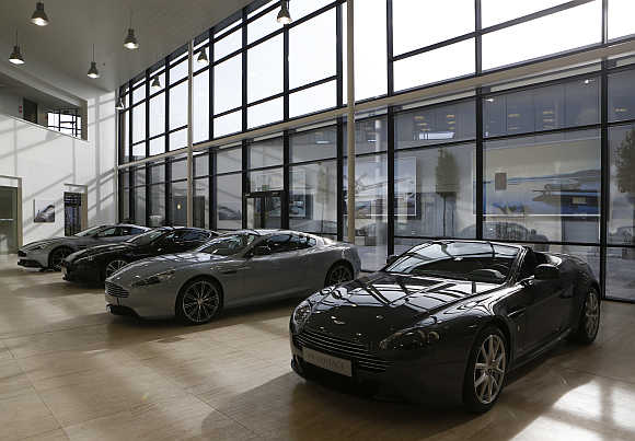 Aston Martin cars in the production facility in Gaydon, central England.