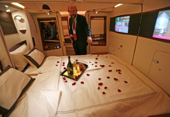 A double bed first class suite during a media tour of the Airbus A380 superjumbo.