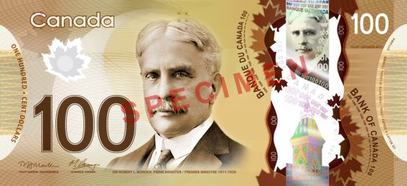 100 Canadian dollars banknote that freatures Robert Borden.