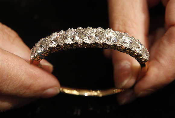 A 40-carat diamond bangle from the 1860s is displayed at Bentley and Skinner jewellers in London.