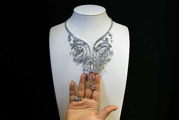  'Summer Storm', a white gold necklace with four pear-shaped and six round diamonds valued at $750,000, in Antwerp, Belgium.
