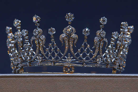 'The Mike Tood', an antique diamond tiara which belonged to the late actress Elizabeth Taylor, in Hong Kong.