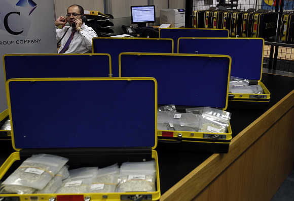 Cases containing uncut diamonds at De Beers headquarters in London.